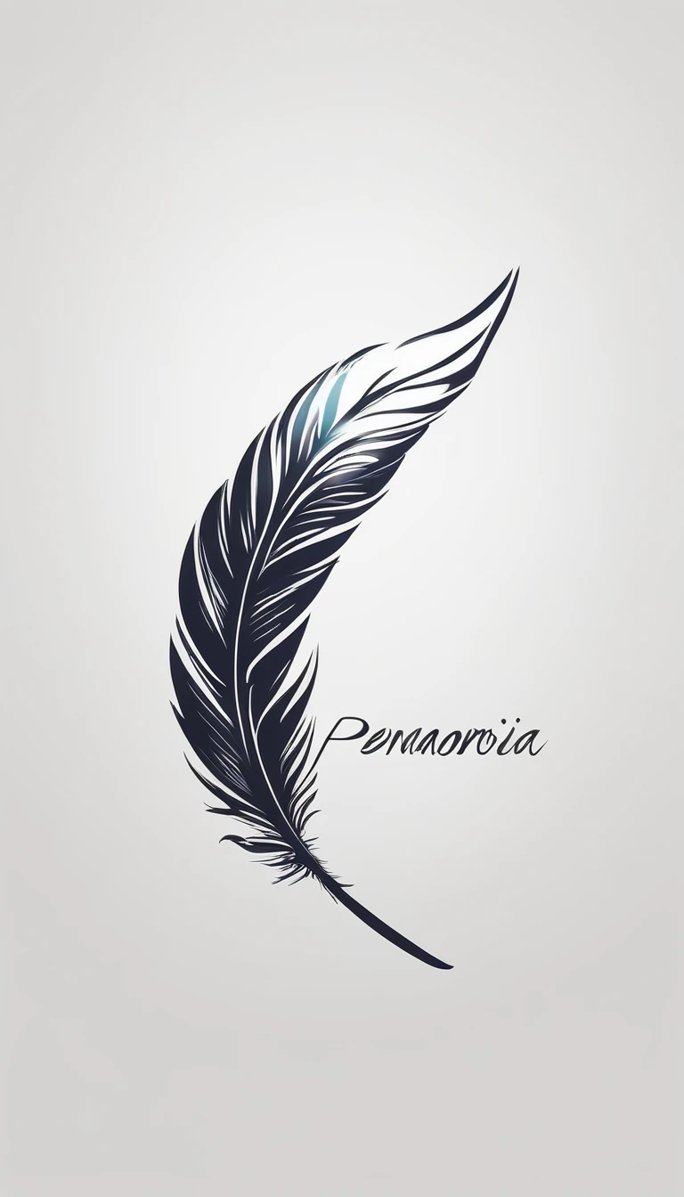 A minimal, modern, simple, cinematic logo design for the brand “Penamemoria". Create a modern, minimalistic, high-quality, white logo of a simple, fantastic, hipnotic, dreamy, artistic feather that symbolizes dreams, stories and memories