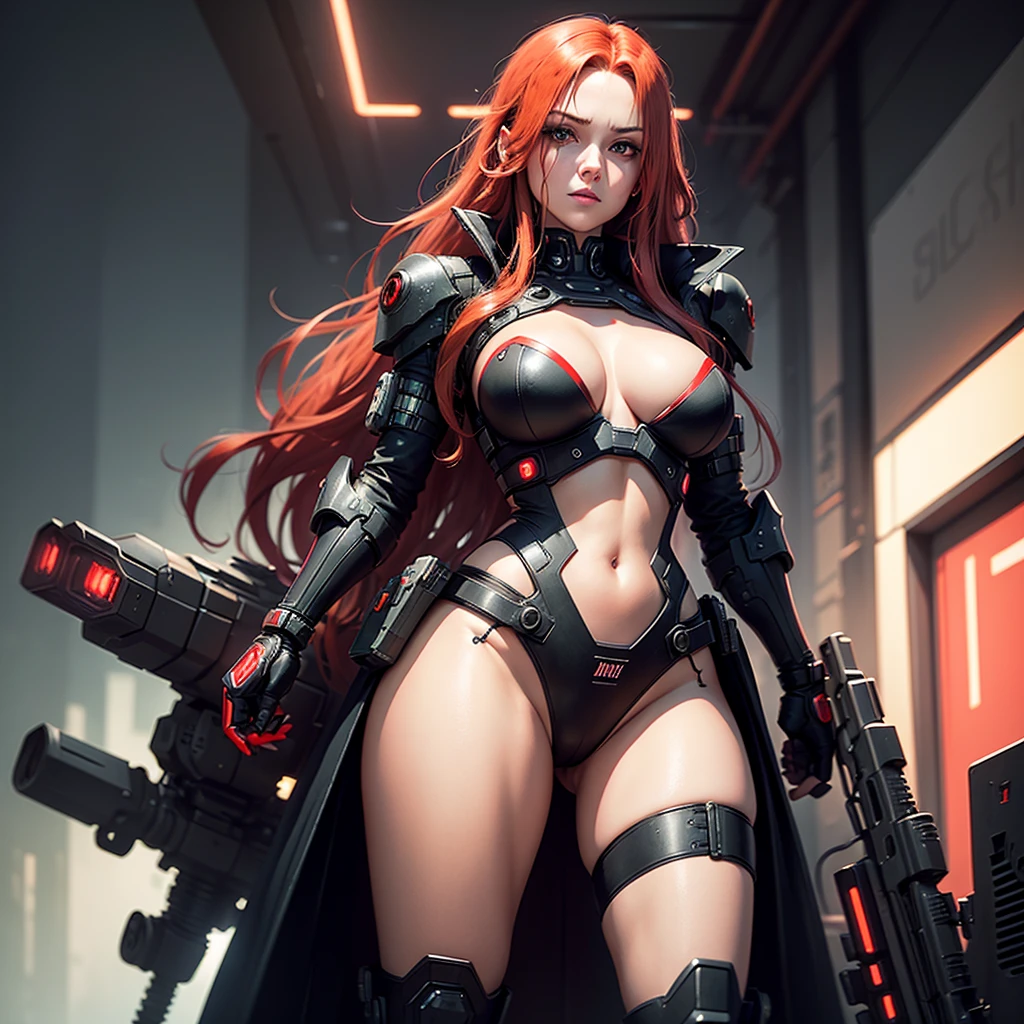 "Fantastic cyberpunk post-apocalyptic style. Beautiful cyborg girl with long red hair, dressed in a black android suit with a cleavage and small red details, stands vertically in front of the camera. The camera films her from below. She stands over the camera in a dominant pose face sitting domination. She looks into the lens with a playful, with a slightly flirtatious look and a slight smile. Her thighs are exposed. Dark background with red flashes and lights, creating an atmosphere of slight sadness. The image horizon is flat. Primary colors - black and red." sci fi