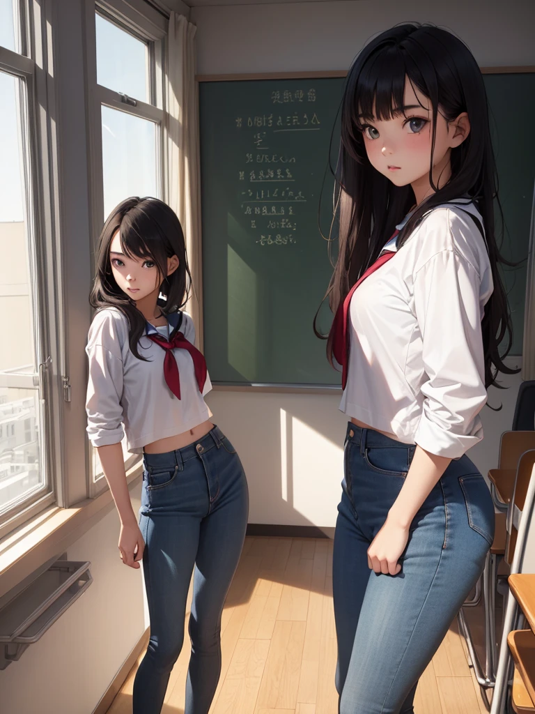 (((skinny teenage girl))), classroom, (wary:0.3), (scared:0.3), beautiful wild hair, looking to the side, masterpiece, very detailed, healthy