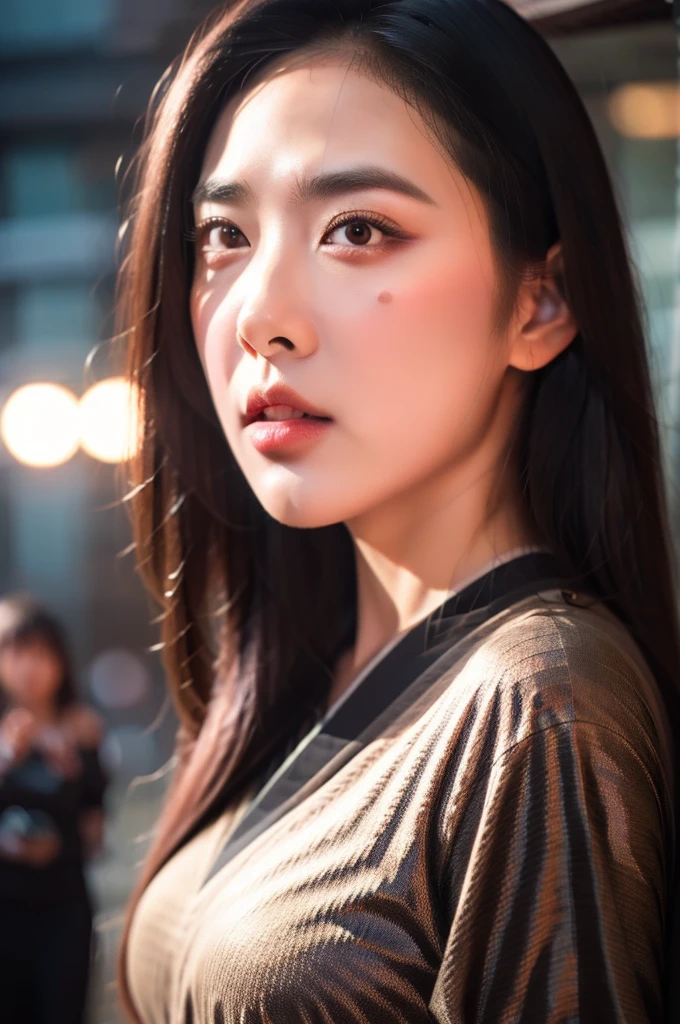 Japanese beauty, Dark Eyes, Black long hair, Vulpix, Thick lips, Grey knitted sweater、Surrealism, High detail, Cinema Lighting, Ray Tracing, viewing angle, Eye-level shot, Hyper HD, masterpiece, Textured skin, 4K, Highest quality,
