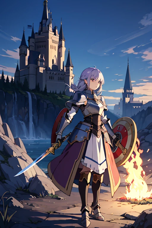 anime girl in violet armor with a sword and shield who is 20 years old in a nedieval landscape with the shield raised and a castle in the distance and a dragon breathing fire