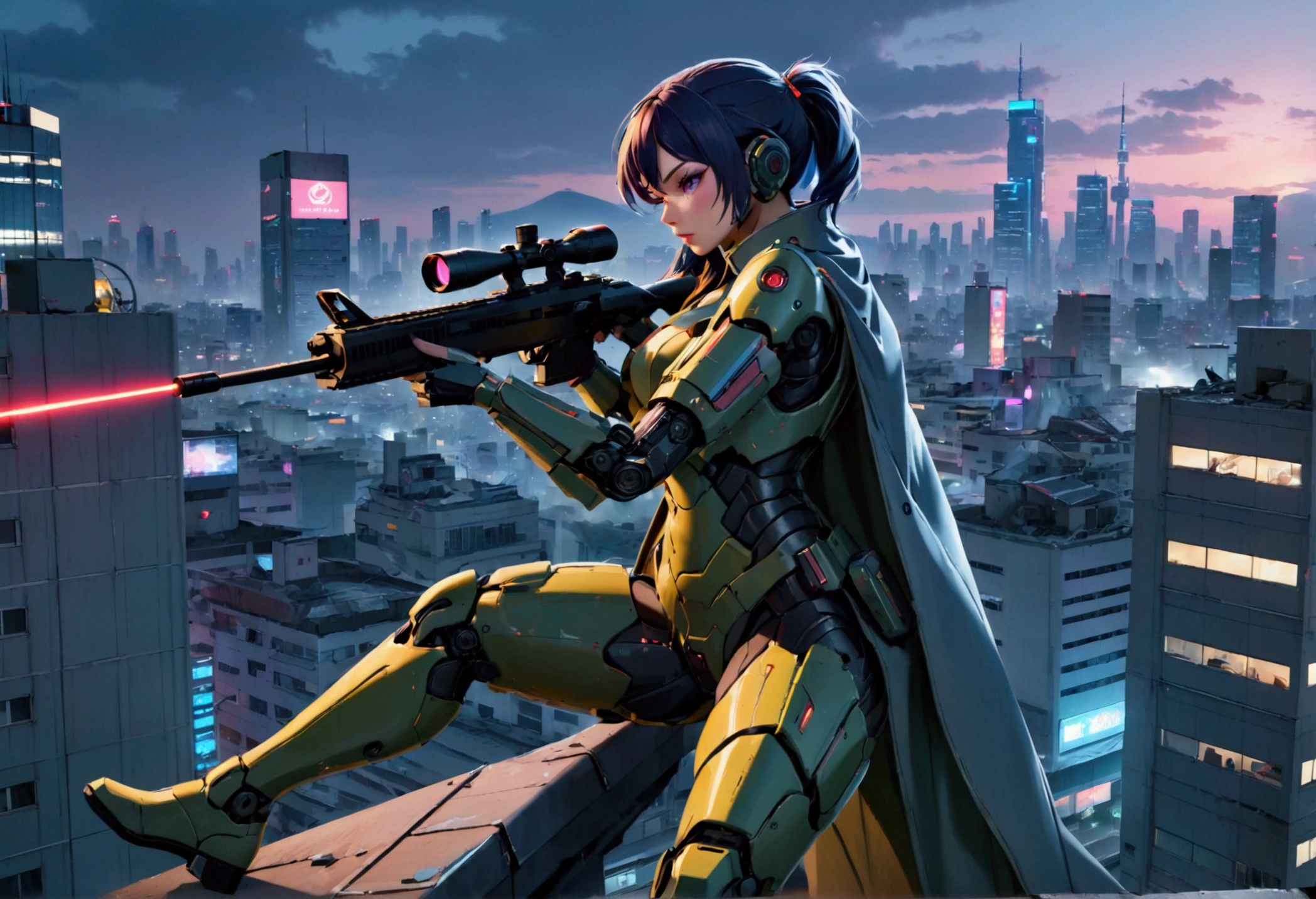 A sniper in high-tech combat suit,highly detailed cyborg soldier,huge laser sniper rifle,aiming at evil alien mecha,damaged office building,roof top,twilight in neo tokyo,cinematic composition,dramatic lighting,cyberpunk,neon city,moody atmosphere,photorealistic,8k,4k,ultra-detailed,cinematic,hyper-realistic,dramatic,masterpiece,best quality
