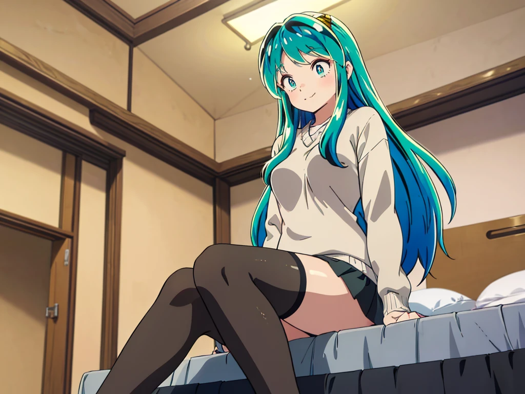 masterpiece, Highest quality, 1 Girl, Lum, tired, Taking a break, Looking into the distance, Grey knit, Black Mini Skirt, Grey tights , anime, From below, blush, Embarrassing, Taking a break, Mature, 18-year-old, Smile, Lying in bed, Focus on the feet, Japan, Hotel, High definition, Green Hair