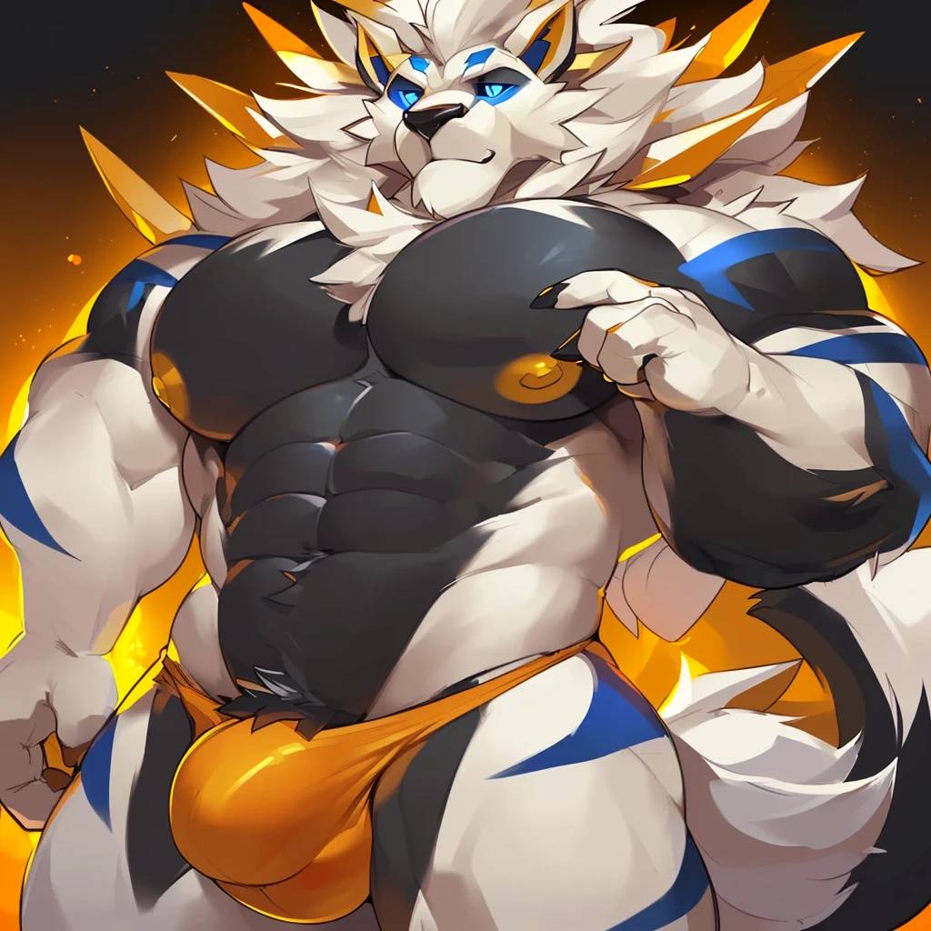 Solo, Anthro, male (((solgaleo, lion, blue sclera, muscular, big pecs, abs, yellow nipples, white fur, black body, black nose, multicolored body, multicolored fur, multicolored mane, white mane, mane, grey pecs, black chest, black abdomen, white arms, white legs, 5 fingers, tail, white tail, yellow tipped tail, markings, orange tipped mane, orange speedo, big bulge))) standing, pokemorph, biped ((focus grey abdomen, focus solgaleo, focus grey chest)) full body, perfect anatomy, by darkgem, by mystikfox61, by glitter trap boy