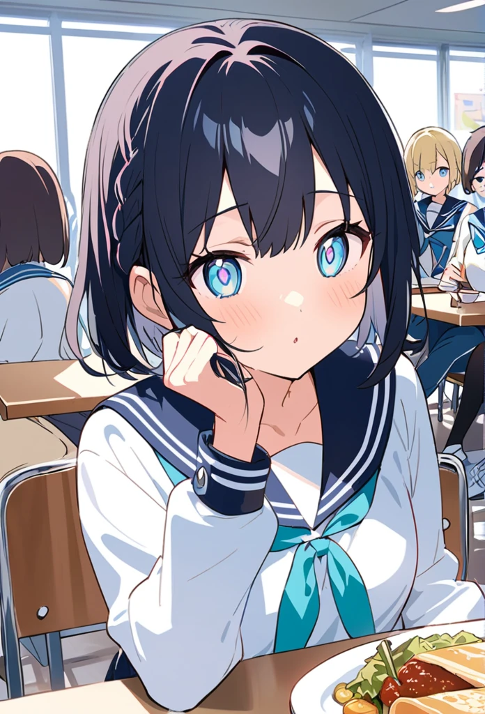 You are a professional illustrator。Please carefully check and draw the illustration according to the following conditions.。High school students enjoying their lunch in a crowded cafeteria、Delicate and beautiful anime face、Clear Eyes、Sailor suit、Braided short hair、
