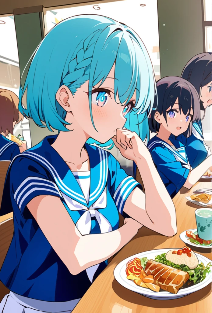 You are a professional illustrator。Please carefully check and draw the illustration according to the following conditions.。High school students enjoying their lunch in a crowded cafeteria、Delicate and beautiful anime face、Clear Eyes、Sailor suit、Braided short hair、