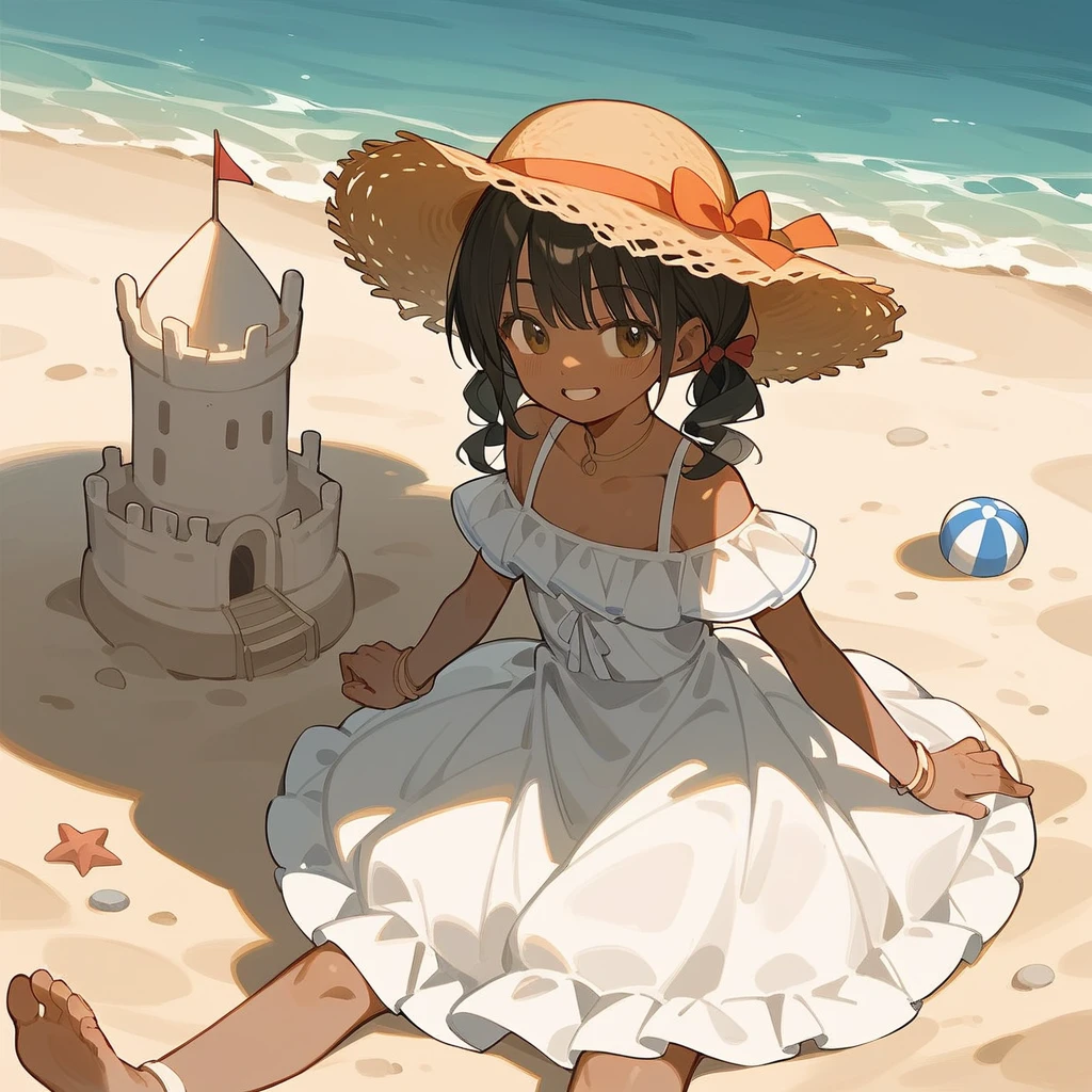 score_9_up, score_8_up, score_7_up, score_6_up, source_アニメ,2d, flat、Black Hair、Sand castles、Pigtails、White dress、Straw hat、Brown Skin、smile、Sandy Beach、rating_safe