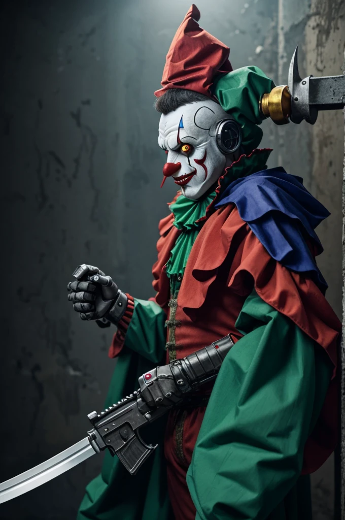 A robotic killer clown in a jester suit and green eyes with sharp metal claws and a sawed-off shotgun animated