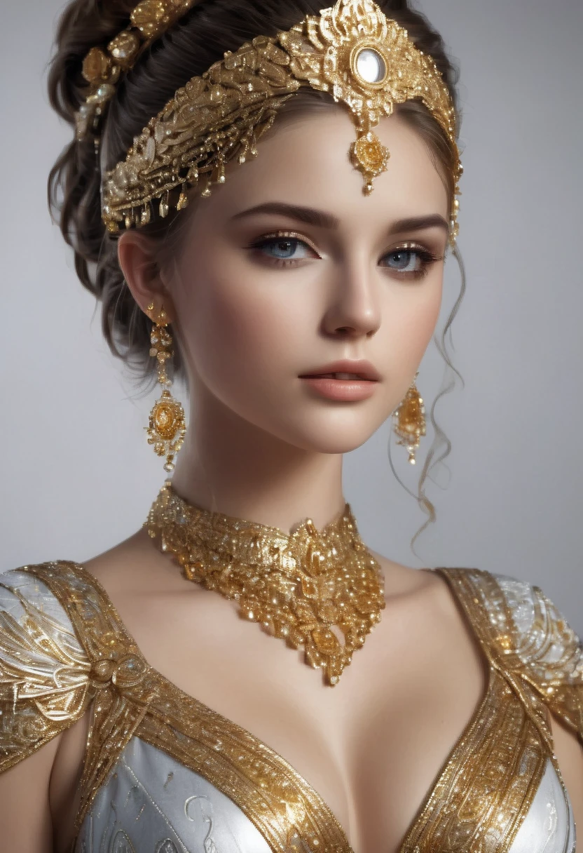 the face of a beauty girl dressed in goddess attire, in the style of light gray and light gold, vibrant illustrations, intricately sculpted, realistic hyper-detailed portraits, white and amber, queencore, depicts real life --ar 3:5 --v 6.0