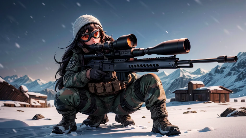 beautiful sniper woman, snow covered environment, highly detailed modern sniper rifle, snowy landscape, detailed face and eyes, long hair, military outfit, crouching pose, scope, night vision goggles, (best quality,8k,highres,masterpiece:1.2),ultra-detailed,(realistic,photorealistic:1.37),cinematic lighting,dramatic shadows,cool color palette,moody atmosphere