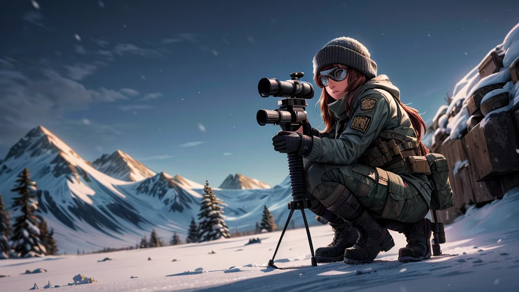 beautiful sniper woman, snow covered environment, highly detailed modern sniper rifle, snowy landscape, detailed face and eyes, long hair, military outfit, crouching pose, scope, night vision goggles, (best quality,8k,highres,masterpiece:1.2),ultra-detailed,(realistic,photorealistic:1.37),cinematic lighting,dramatic shadows,cool color palette,moody atmosphere