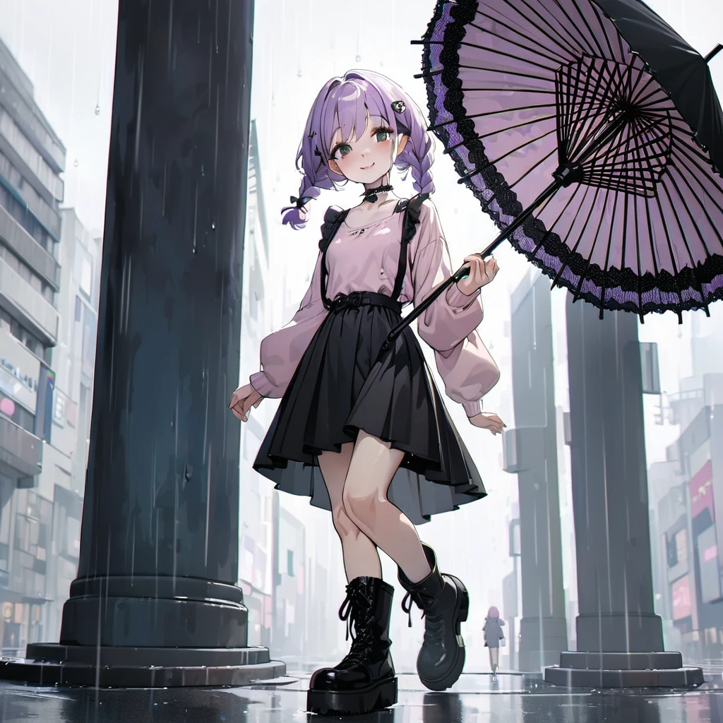 masterpiece, ultra detailed, 8K, solid blue Skyscrapers background, full body shot, Angle looking up from below.happy, a girl, kawaii, light atmosphere, mysterious atmosphere, (Cute a mesugaki girl:1.5), (a girl with closs hair pin,pale purple hair,wavy two braids,bluntbangs hair,green and black eyes,
Loose and fluffy fashion,,fullbody shot :1.4),A mischievous smile, fangs, licking lips,
(masterpiece:1.3), anime visual, (Lovey-dovey:1.5), (tilt head:1.3), extremely delicate face, soft clean focus, realistic lighting and shading, (an extremely delicate and beautiful art:1.3), elegant, (muted colors:1.1), small breast,slim,(On a rainy day, walking through Shibuya with a black lace umbrella:1.5), expressionless,