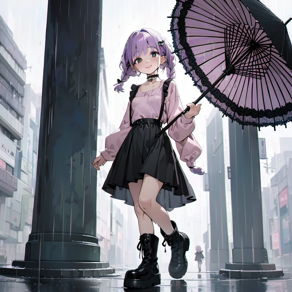 masterpiece, ultra detailed, 8K, solid blue Skyscrapers background, full body shot, Angle looking up from below.happy, a girl, kawaii, light atmosphere, mysterious atmosphere, (Cute a mesugaki girl:1.5), (a girl with closs hair pin,pale purple hair,wavy two braids,bluntbangs hair,green and black eyes,
Loose and fluffy fashion,,fullbody shot :1.4),A mischievous smile, fangs, licking lips,
(masterpiece:1.3), anime visual, (Lovey-dovey:1.5), (tilt head:1.3), extremely delicate face, soft clean focus, realistic lighting and shading, (an extremely delicate and beautiful art:1.3), elegant, (muted colors:1.1), small breast,slim,(On a rainy day, walking through Shibuya with a black lace umbrella:1.5), expressionless,