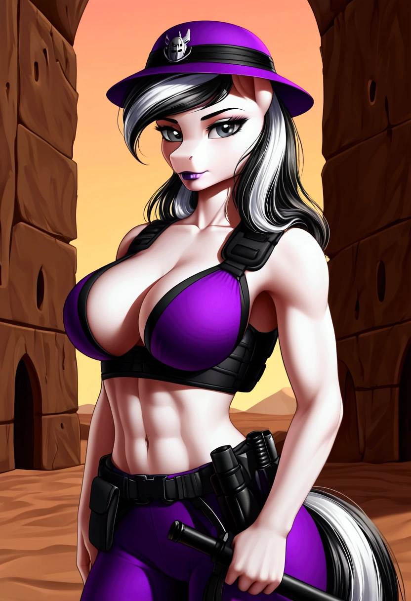 vibrant colors, 8K, high resolution, highly detailed, masterpiece, ((my little pony)), (black striped white hair), (pale white body), (gray eyes) seductive face, assassin's tactical gear, standing, big breasts, beautiful body, cap, desert town, purple lips