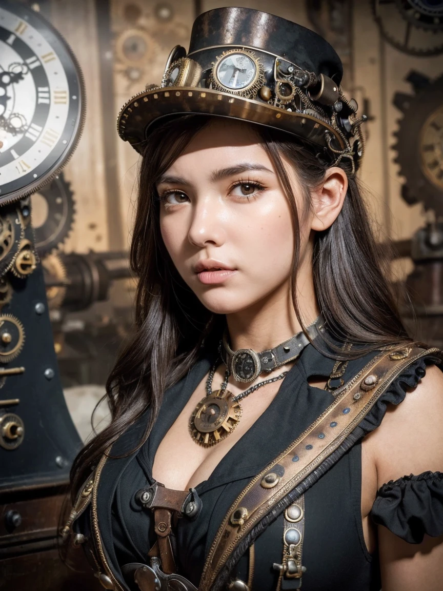 Columbian 13 year old girl, half body view, (front to camera), detailed european face, (aspiring facial expression), (((steampunk style close))), ((steampunk city on the background)), RAW, analog style, ultra detailed photograph, cinematic lighting, artstation, 4k, sharp focus, high resolution, detailed skin, detailed eyes,