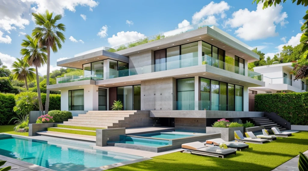 MODERN HOUSE, A wide-angle shot shows the front view of a contemporary two-story villa with glass windows, surrounded by lush greenery. It features an outdoor pool area with natural light. Stone pathways lead to the swimming pool in the yard, adorned with vibrant plants, Taken on a Canon EOS R5, white wall, concrete, ((big front yard)),