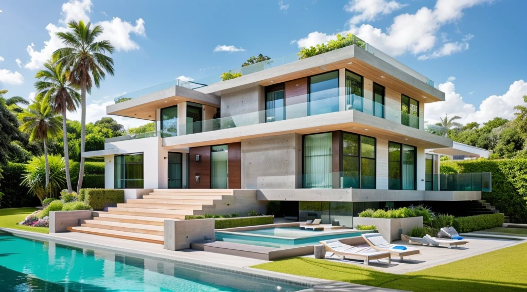 MODERN HOUSE, A wide-angle shot shows the front view of a contemporary two-story villa with glass windows, surrounded by lush greenery. It features an outdoor pool area with natural light. Stone pathways lead to the swimming pool in the yard, adorned with vibrant plants, Taken on a Canon EOS R5, white wall, concrete, ((big front yard)),