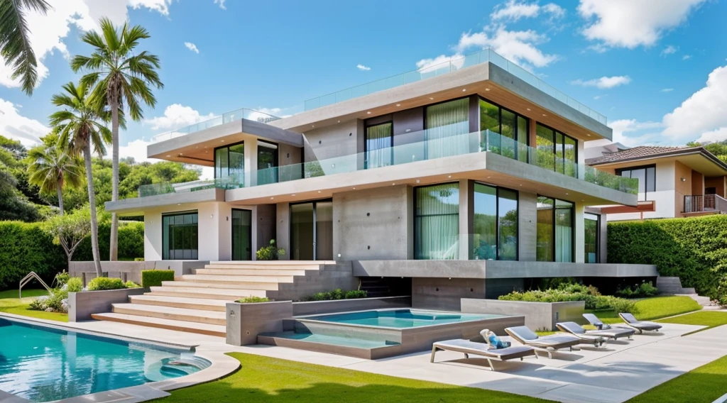 MODERN HOUSE, A wide-angle shot shows the front view of a contemporary two-story villa with glass windows, surrounded by lush greenery. It features an outdoor pool area with natural light. Stone pathways lead to the swimming pool in the yard, adorned with vibrant plants, Taken on a Canon EOS R5, white wall, concrete, ((big front yard)),
