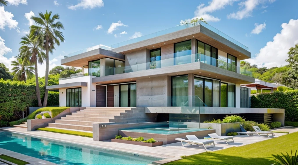 MODERN HOUSE, A wide-angle shot shows the front view of a contemporary two-story villa with glass windows, surrounded by lush greenery. It features an outdoor pool area with natural light. Stone pathways lead to the swimming pool in the yard, adorned with vibrant plants, Taken on a Canon EOS R5, white wall, concrete, ((big front yard)),