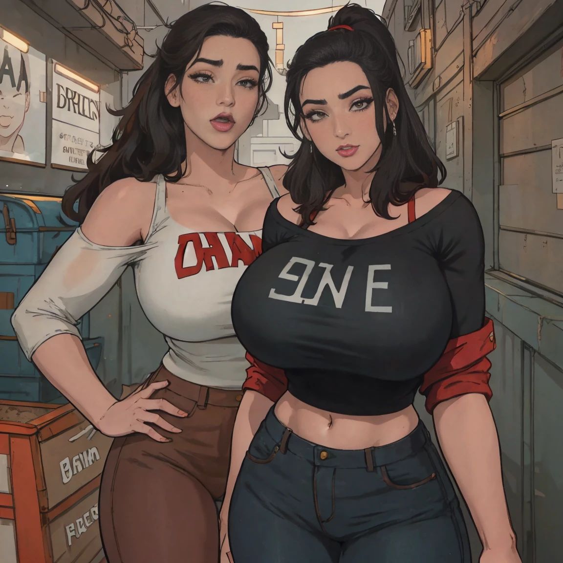 Extremely thin and toned brunette photographer, college girl, fair skin, loose ponytail, soft face, athletic, choker, heavy makeup, tight dark red long-sleeve off-shoulder crop top, black bra straps, black skinny jeans. standing in a dirty alleyway, club, neon, nighttime, darkness, cleav