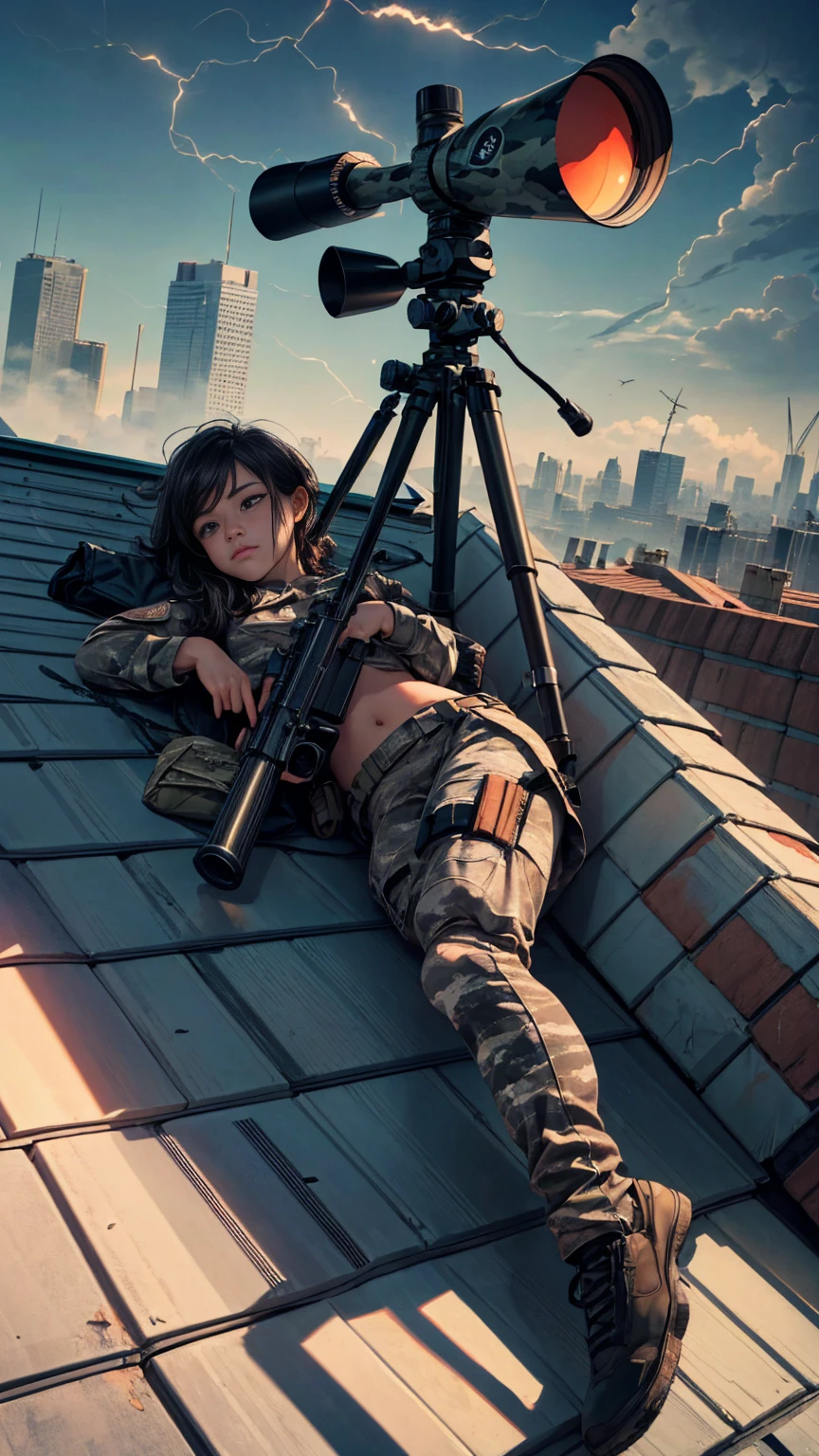 ((lying on a camouflaged rooftop about to shoot looking through the scope:1.5)), A sniper:1.5 in a war-torn urban environment, detailed face and eyes, realistic, photorealistic, photorealistic, hyperrealistic, highly detailed, masterpiece, ultra realistic, 8k, HDR, dramatic lighting, dramatic atmosphere, cinematic, moody, gritty, military, tactical equipment, camouflage, rifle, ruined buildings, rubble, smoke, fog, dramatic sky, storm clouds