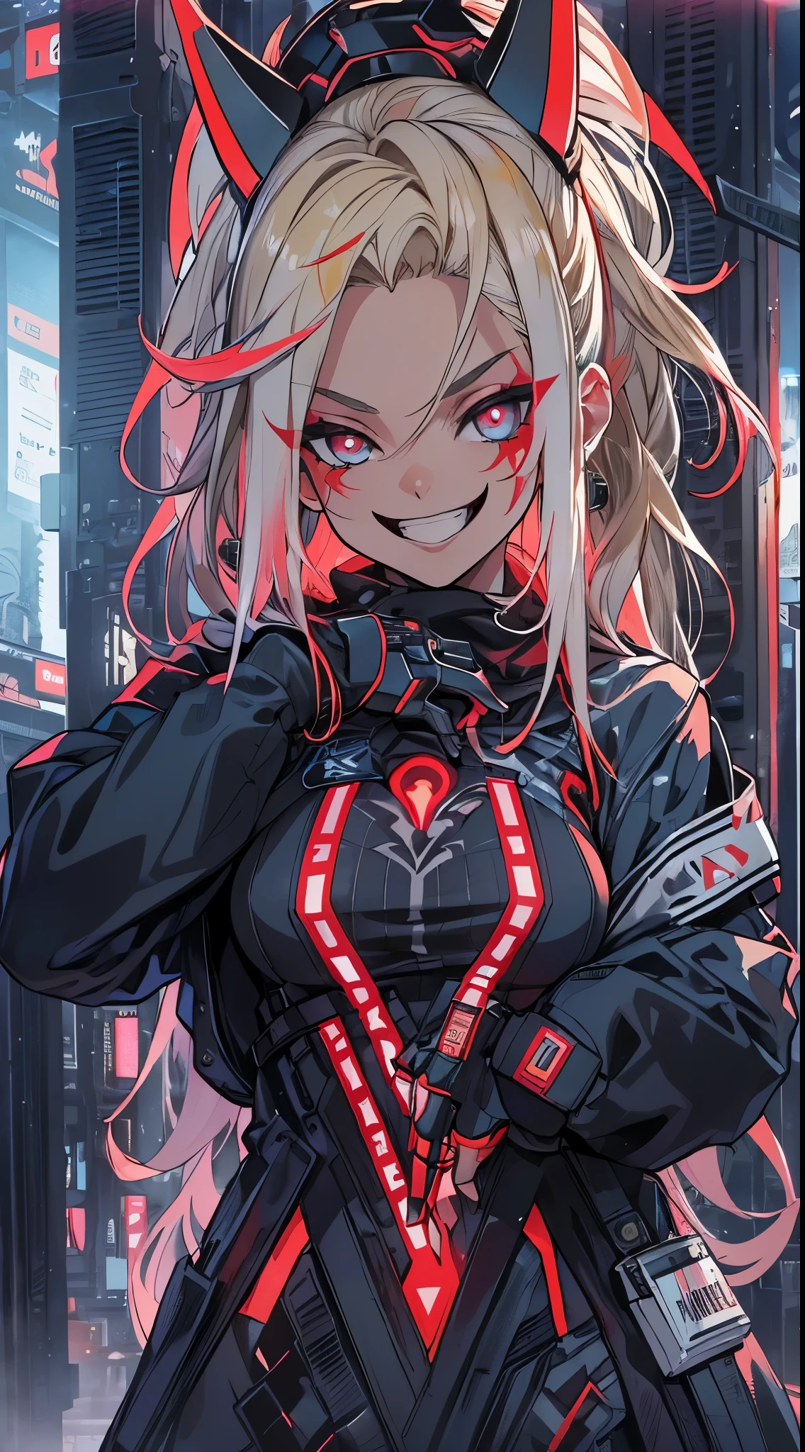 top-quality、Top image quality、​masterpiece、evil girl with((18year old、Red, black and blue glowing cyber suit, falda corta, blonde hair streaked with red, black and blues hihlights, mystical,、Shining Cyber White Hoodie、Best Bust、Bust 90、Blonde Away Tail、Red Eyes、Valley、A slender、 insane smile、Red Face tattoo Paint、Black scarf、Reflecting the whole body、Slouch action)）hiquality、Beautiful Art、Background with((nightcity、cyberpunked、nightclubasutepiece、Elaborate design、visualart、