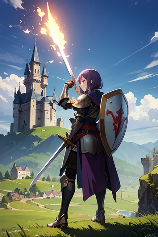 anime girl in violet armor with a sword and shield who is 20 years old in a nedieval landscape with the shield raised and a castle in the distance and a dragon breathing fire