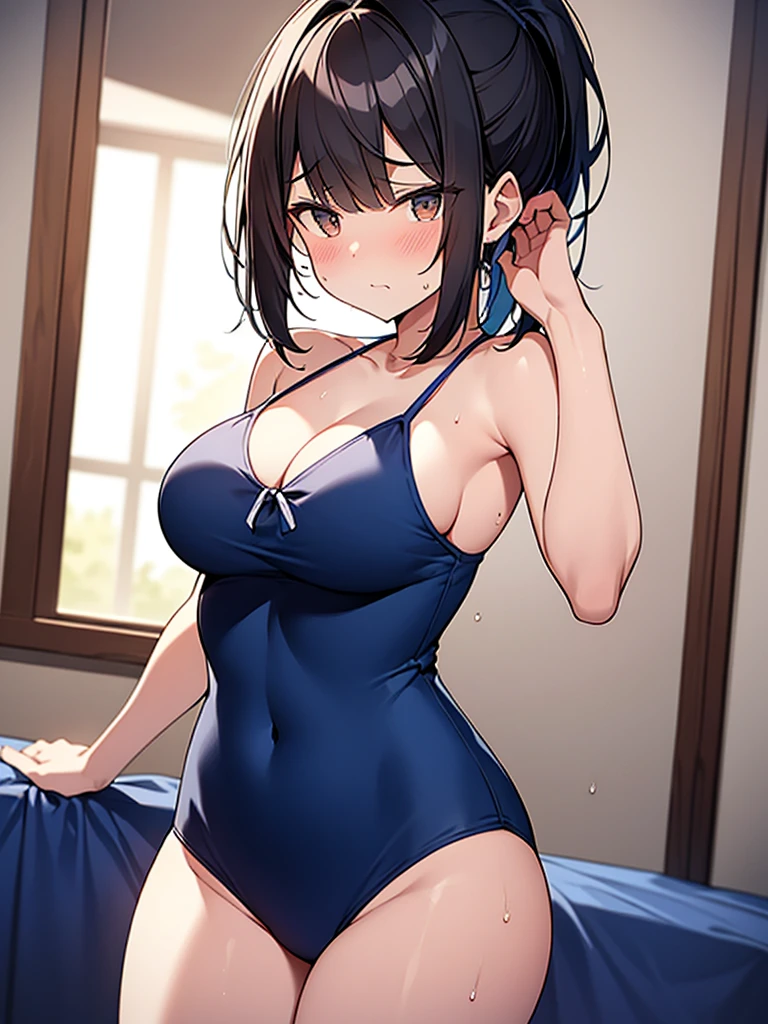Cowboy Shot: Dark blue swimsuit:1.9 Open chest Lying on bed Lying on back Embarrassed Arms above head Anime drawing with bright colors Standing Tall woman:1.9 Sweat, breasts, surprised face, glaring, wrinkled brows, flushed cheeks, night:1.3 Apartment bedroom, white sheets, short black hair, ponytail:1.9 Straight hair, bangs swept to the side:1.9. Slanted eyes, brown eyes, tall, big breasts, strong-willed, beautiful
