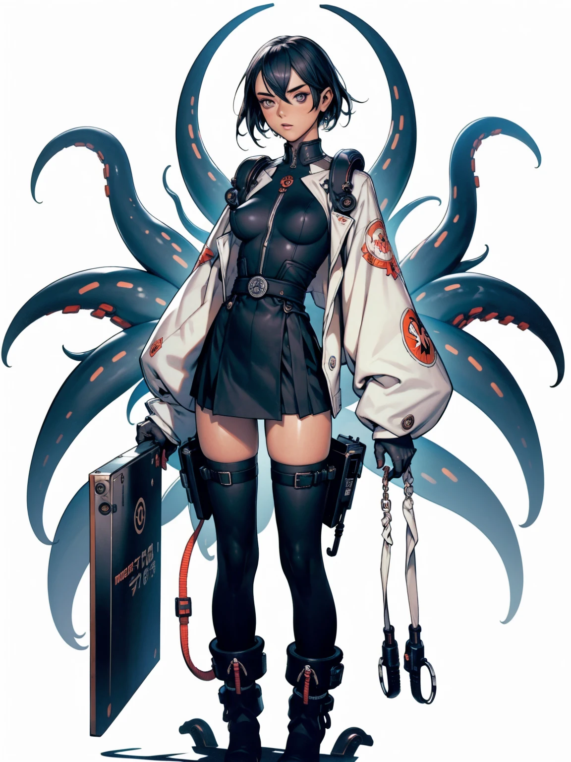 (((Annie Lennox))), ((( transparent dark grey blue suit ))), (((bandaged arms))), ((high collar)), (((Ryuko Matoi))), (((micro skirt with vertical seams))), (((best qualityer: 1.4))), (Unbeatable masterpiece), (hiper HD),(CG 8k hyper-realistic), (((brave face))), ((( big))), (((hyper feminine))), sexly g, Thor,(black bob hair)), ((( sculptural body ))), (((1 Kizi))), Kizi cibernética de 25 anos com pectbody,,Beautiful and well-groomed face,muscular body:1.2,solid color detailed jacket, (Head to thigh photos), Complex equipment, green dark,long pants,Tight clothes are dark,With white stars and off-white stripes,,,,,AMetal Electronic Parts) INFO, Kizi, (((standing alone))), pirralha violent, (((14歳))), pose de atde, work art, post-apocalypse, (((manga style))), bounty hunter, violent, Manic, the way you wanderbody, thin but strong, perfectbody, roupa moderna, advanced technology, neon, sleeves with vertical striped pattern, neutral background, (boy shot )). intricate visual, niji - Cthulhu