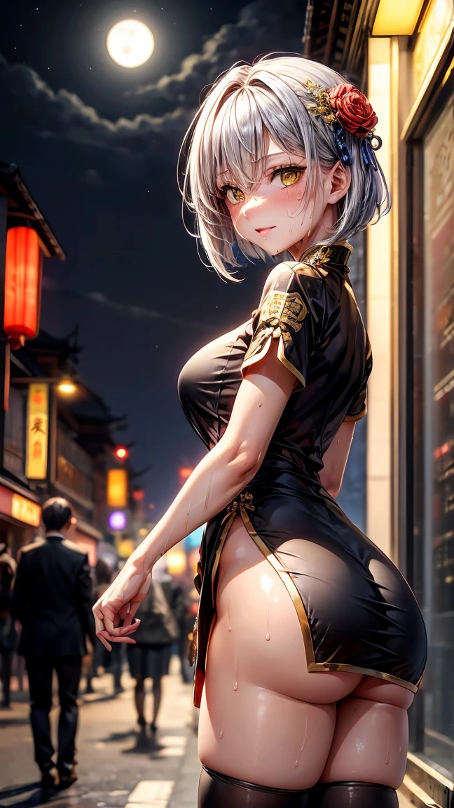 young girl 16 years old, short silver bob hair, hair flower, sharp bangs between the eyes, yellow eyes, eyes large, ((traditional chinese imperial clothes black with gold details,)) red skirt, black thigh high socks. slenderbody. view from side, side point of view, on the street of a Japanese city, at night, with full moon in the background, light reflecting on the sexy and sweaty body. (((sweat)))