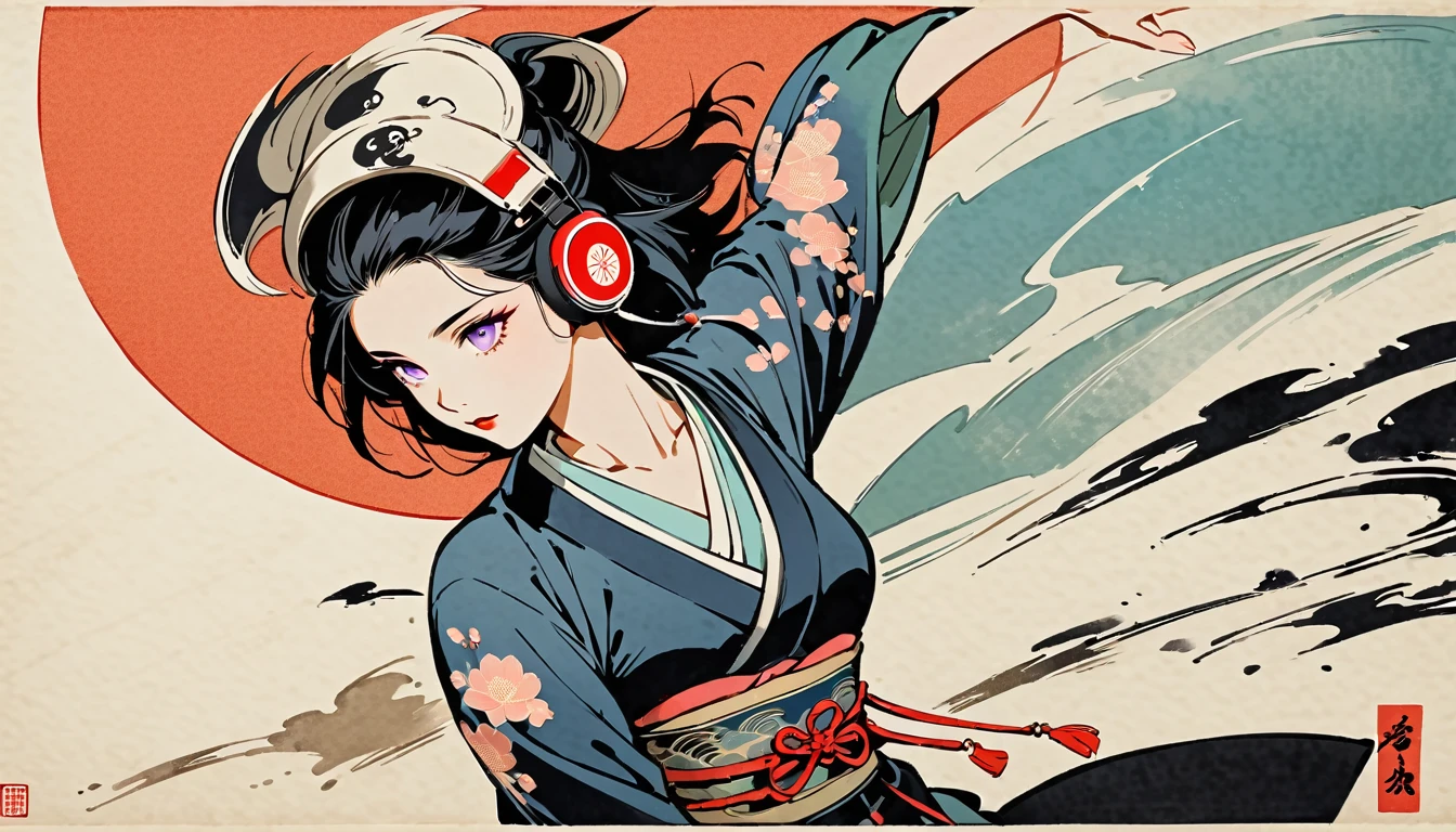 whole body, dance, Purple Eyes, Ink Painting, 1 girl, tattoo, Japanese style headphones, beautiful girl, Black Hair, peace, Delicate and precise, Modern ukiyo-e style, Multicolored background