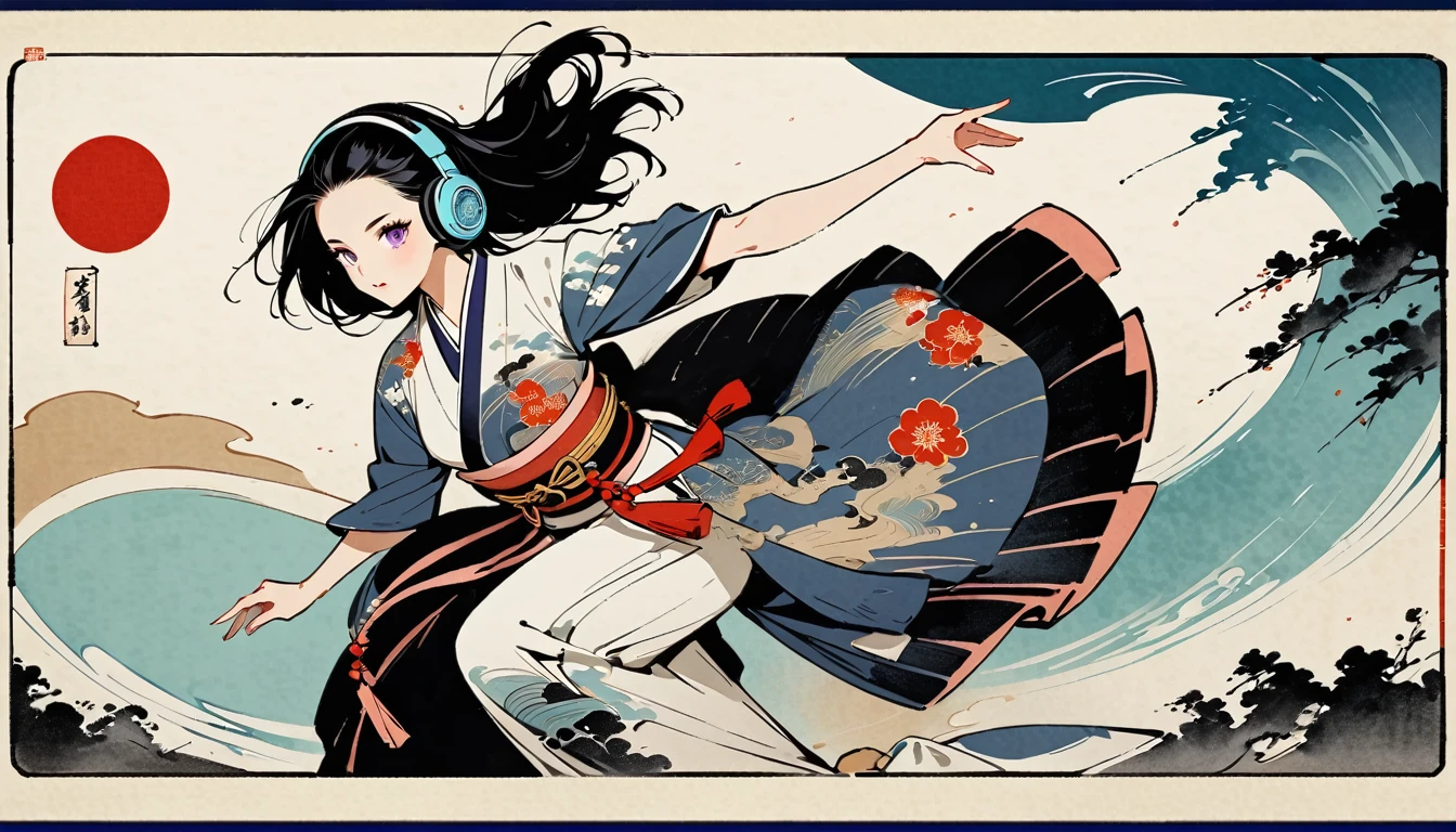 whole body, dance, Purple Eyes, Ink Painting, 1 girl, tattoo, Japanese style headphones, beautiful girl, Black Hair, peace, Delicate and precise, Modern ukiyo-e style, Multicolored background