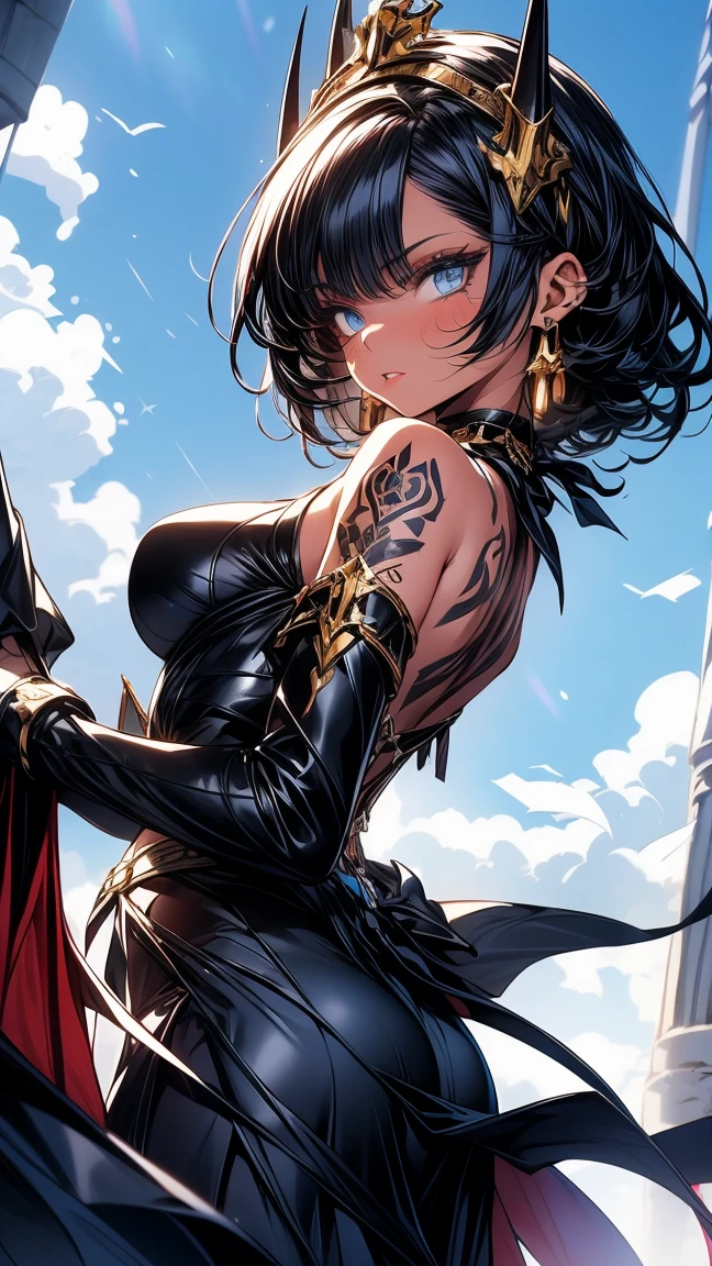 Generate an image of a woman with short black hair with blue highlights, sky-blue eyes with black makeup, and lips painted in soft red. She is wearing a black half-armor on the upper part and a black dress with a side slit at the lower part of her body. Her skin is fair with tattoos on her hip. She wears black heels with scales and a crown of black spikes. Additionally, she wears a blue cape with black and golden embroidery. She is located in a gallery with tall black columns and a dark background, brightly illuminated, with a somewhat angry expression, various poses
