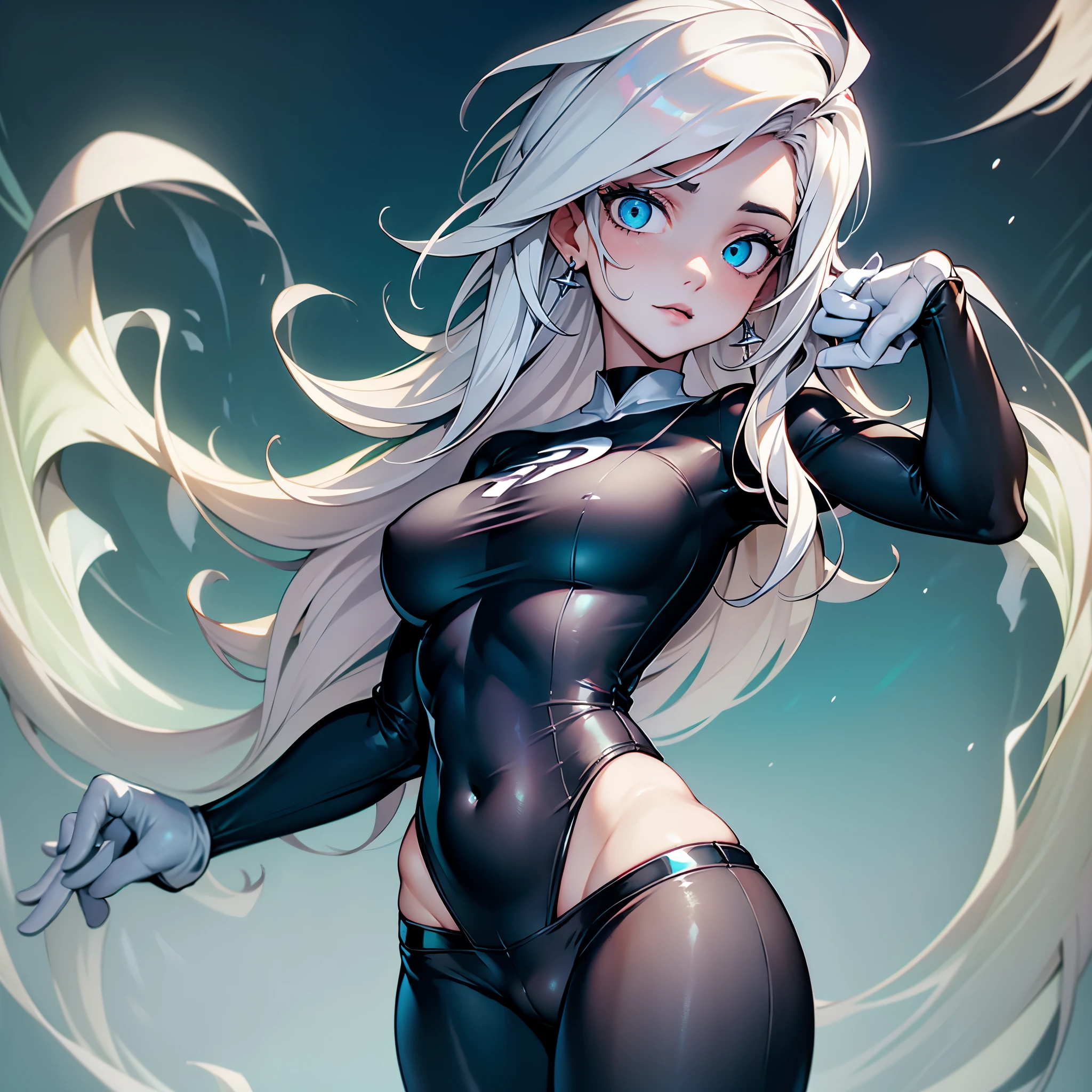 (masterpiece), best quality, expressive eyes, perfect face, highres, 1girl, solo, (female:1.5), danny phantom, white hair, long hair, white gloves, black bodysuit, standing, upper body, looking at the viewer