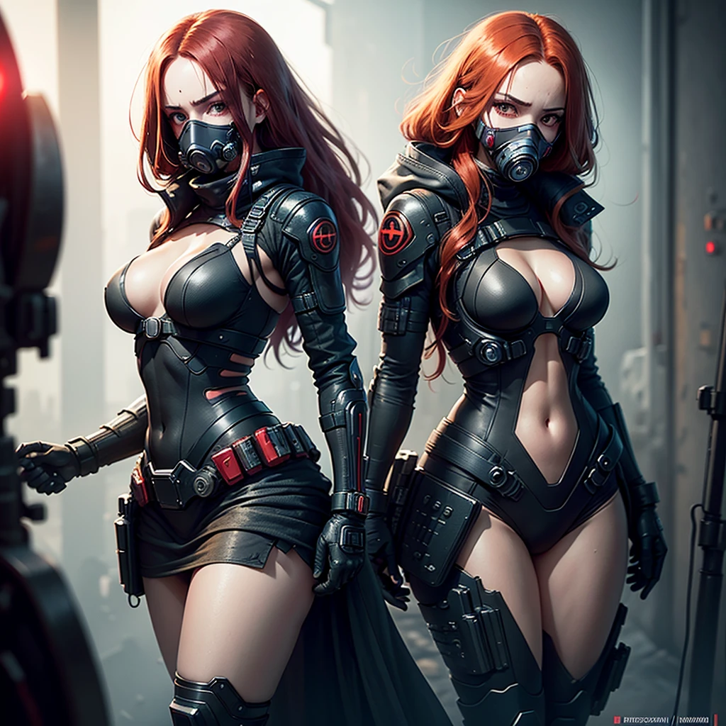 "Fantastic cyberpunk post-apocalyptic style. Beautiful cyborg girl with long red hair, v half-face respirator masks, high tech gas mask, dressed in a black android suit with a and small red details, stands vertically in front of the camera. The camera films her from below. She stands over the camera in a dominantface sitting domination. Shto the lens with a playful, with a slightly flirtatious look and a slight smile. Her thighs are exposed. Dark background with red flashes and lights, creating an atmosphere of slight sadness. The image horizon is flat. Primary colors - black and red." sci fi