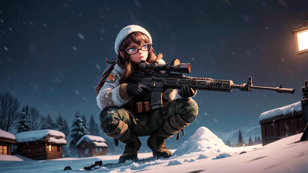beautiful sniper woman, snow covered environment, highly detailed modern sniper rifle, snowy landscape, detailed face and eyes, long hair, military outfit, crouching pose, scope, night vision goggles, (best quality,8k,highres,masterpiece:1.2),ultra-detailed,(realistic,photorealistic:1.37),cinematic lighting,dramatic shadows,cool color palette,moody atmosphere