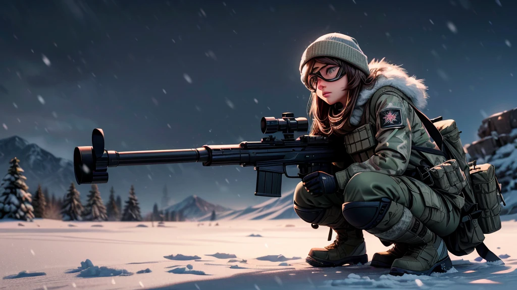 beautiful sniper woman, snow covered environment, highly detailed modern sniper rifle, snowy landscape, detailed face and eyes, long hair, military outfit, crouching pose, scope, night vision goggles, (best quality,8k,highres,masterpiece:1.2),ultra-detailed,(realistic,photorealistic:1.37),cinematic lighting,dramatic shadows,cool color palette,moody atmosphere