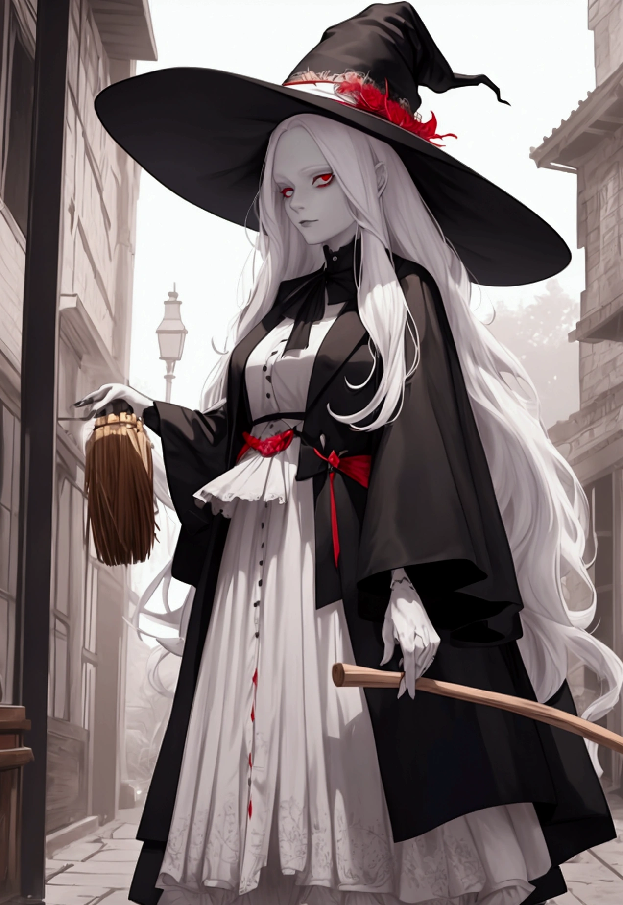 An albino witch with long white hair and red eyes , about 30 years old in a fitted dress and a very big hat, flying on his broom in broad daylight with a suitcase on his broom from which things fall