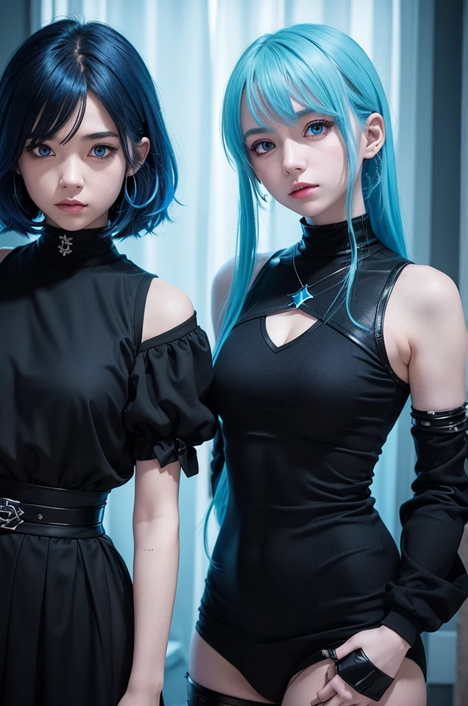 Create an anime about two girls with blue hair, one wears black clothes and has ice powers and uses them for evil and the other also has ice powers and uses them for good and one has their back to the other 
