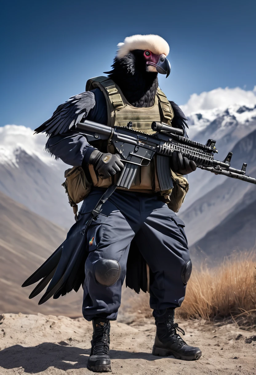 Anthropomorphic image of a muscular Andean condor, dressed in a military uniform of the spetsnaz special forces, with an MCX-Spear assault rifle, in an attack position, full body, full HD, 8k.