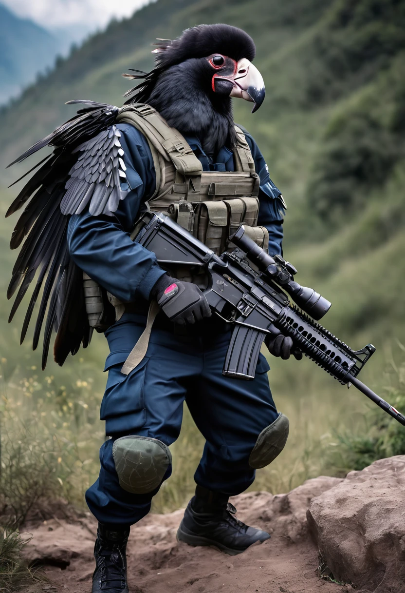 Anthropomorphic image of a muscular Andean condor, dressed in a military uniform of the spetsnaz special forces, with an MCX-Spear assault rifle, in an attack position, full body, full HD, 8k.