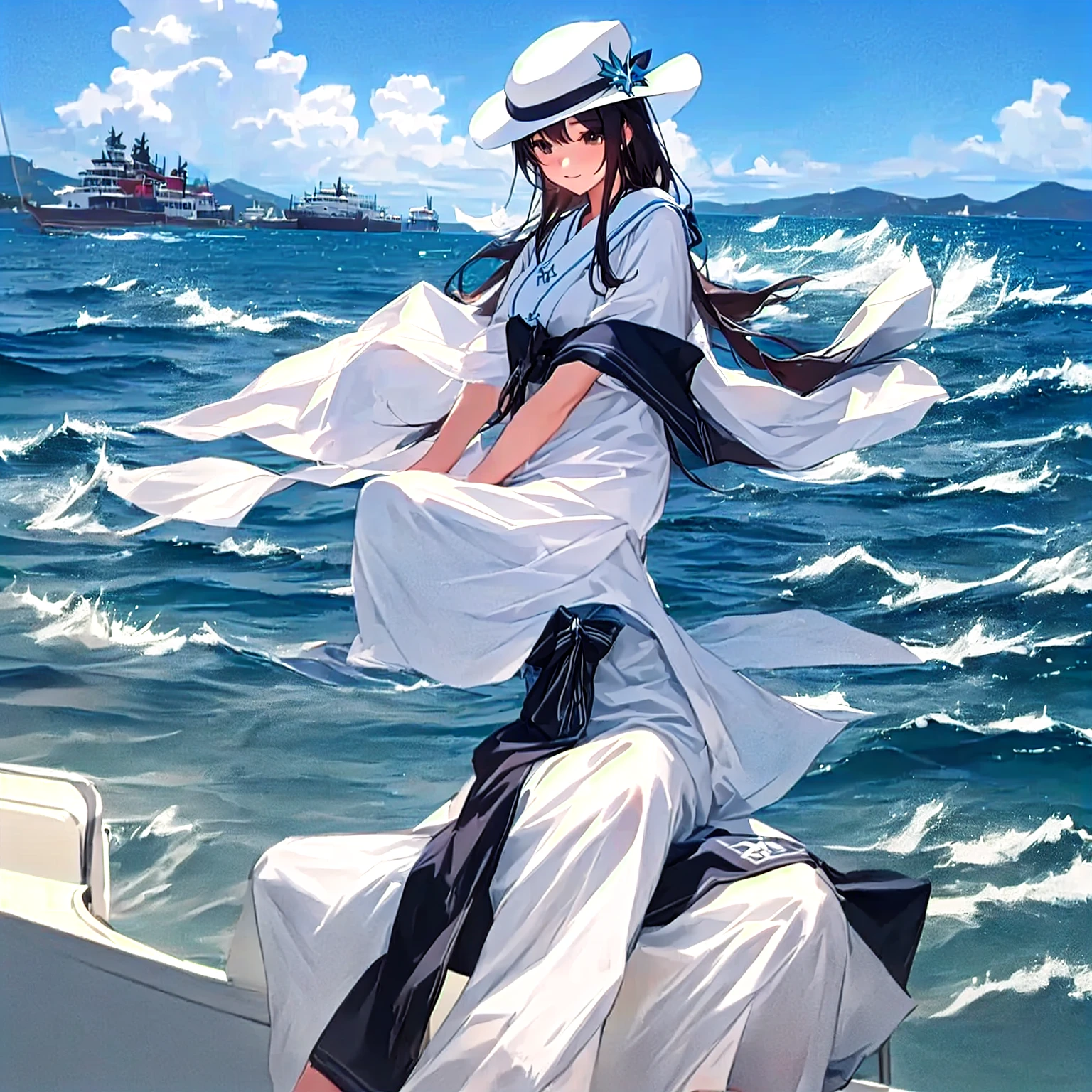 there is a woman sitting on board with a hat on, on board, on the sea, on the sea游艇上, On the sea, in the sea, relaxing on the sea游艇上, Ocean in the background, Gu Weiss, Fleet Collection Style, on board on a lake, the Ocean in the background