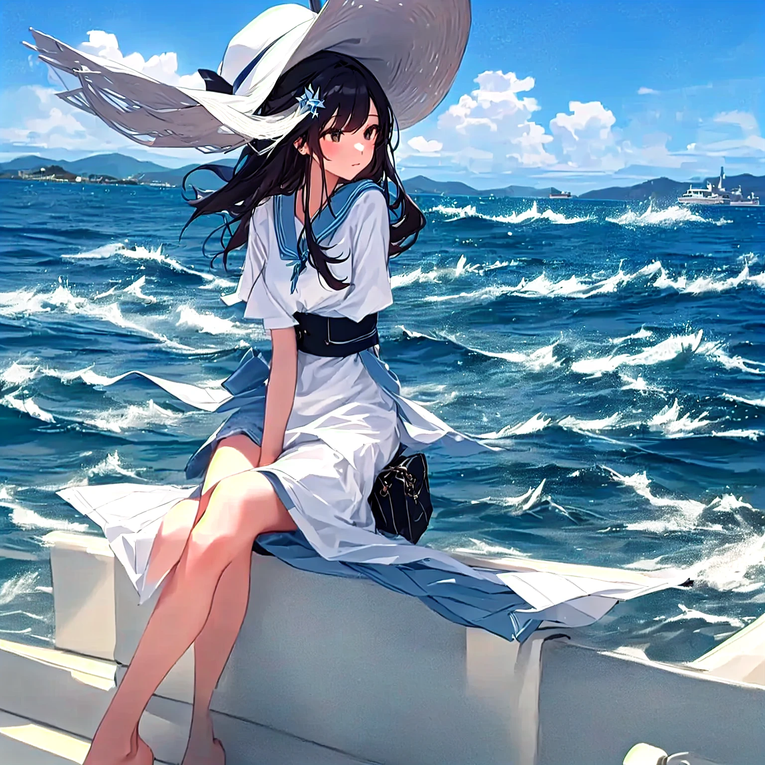 there is a woman sitting on board with a hat on, on board, on the sea, on the sea游艇上, On the sea, in the sea, relaxing on the sea游艇上, Ocean in the background, Gu Weiss, Fleet Collection Style, on board on a lake, the Ocean in the background