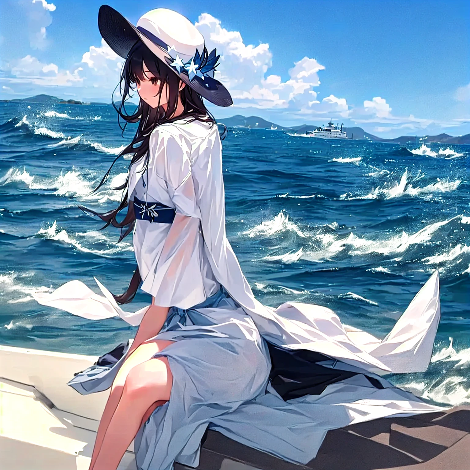 there is a woman sitting on board with a hat on, on board, on the sea, on the sea游艇上, On the sea, in the sea, relaxing on the sea游艇上, Ocean in the background, Gu Weiss, Fleet Collection Style, on board on a lake, the Ocean in the background
