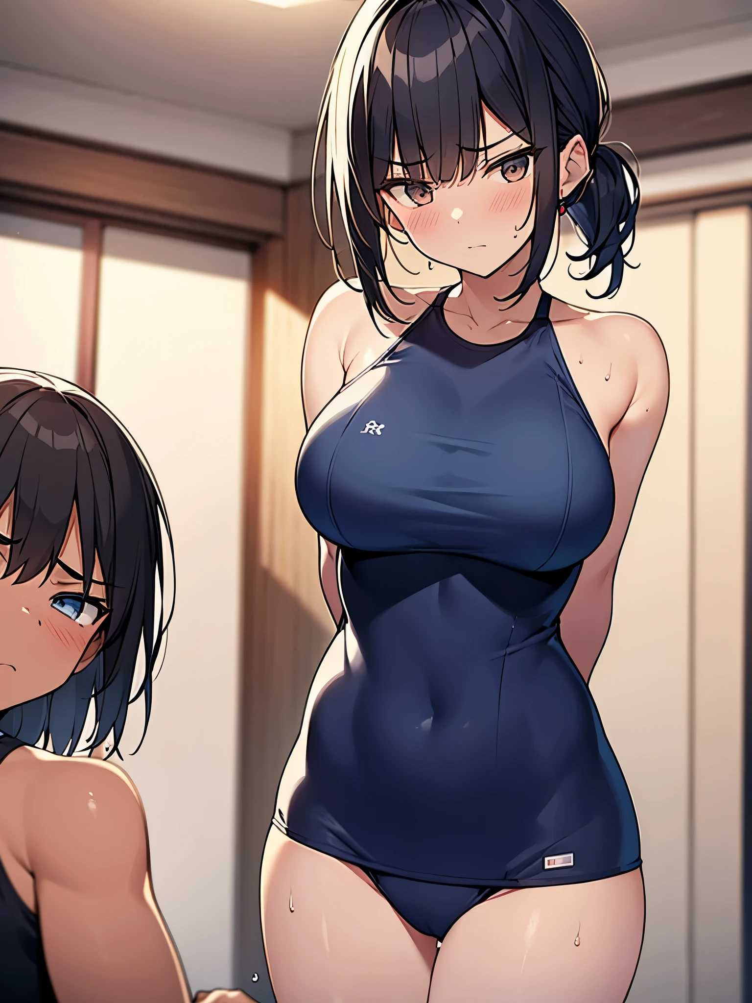 Cowboy Shot: Dark navy blue sports swimsuit:1.9 Open chest, gold lines, standing, arms crossed, anime drawing with vivid colors, lying on a white bed, tall woman, demure:1.9 Sweat, breasts, troubled face, glaring, wrinkled brows, flushed cheeks, night:1.3 Apartment bedroom, white sheets, short black hair, ponytail:1.9 Straight hair, bangs swept to the side:1.9. Slanted eyes, brown eyes, tall, big breasts, strong-willed, beautiful