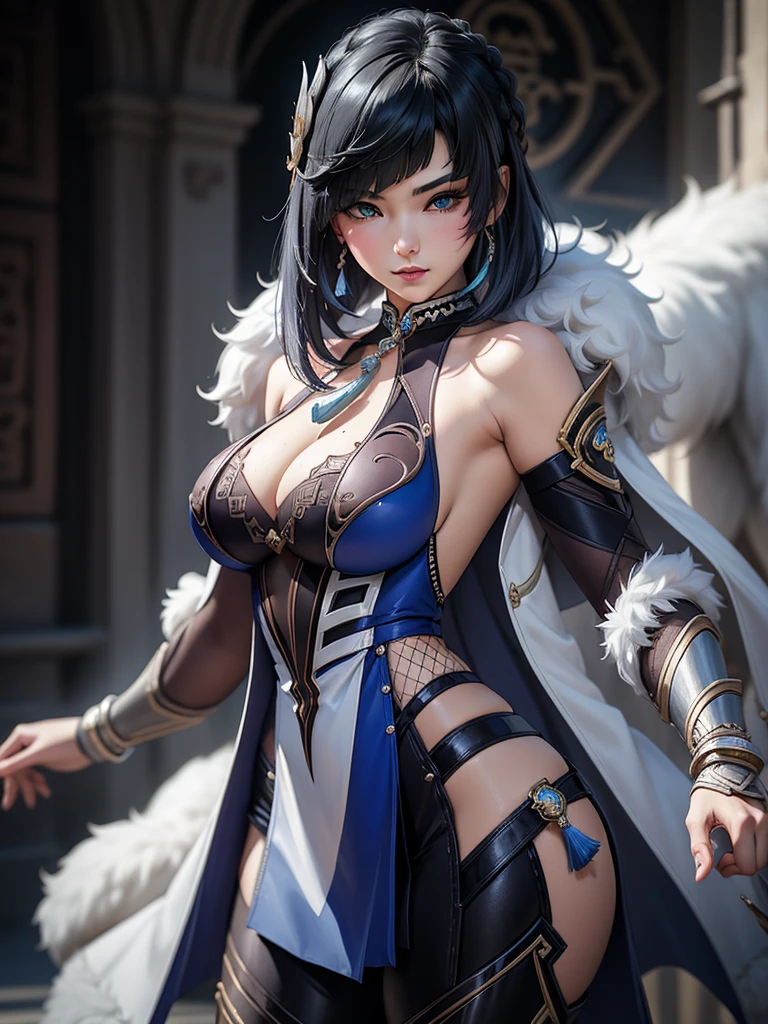 A sexy woman wearing a white and pink lotus lace armor skirt, Chengwei Pan on ArtStation, by Yang J, detailed fantasy art, awesome character art, Fanart Mejor ArtStation, epic exquisite character art, beautiful armor, Extremely detailed artgerm, Detailed digital anime art, Artgerm and ArtStation Pixiv, armor girl, cleavage big breasts:1.2, (mini skirt:1,5)