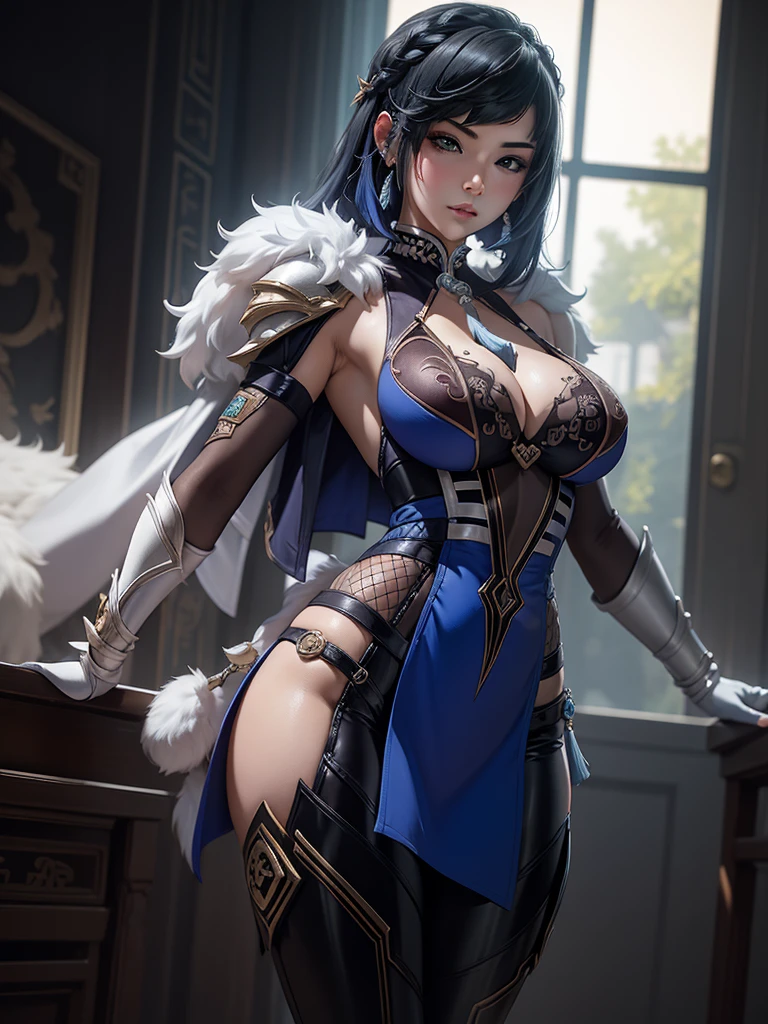 A sexy woman wearing a white and pink lotus lace armor skirt, Chengwei Pan on ArtStation, by Yang J, detailed fantasy art, awesome character art, Fanart Mejor ArtStation, epic exquisite character art, beautiful armor, Extremely detailed artgerm, Detailed digital anime art, Artgerm and ArtStation Pixiv, armor girl, cleavage big breasts:1.2, (mini skirt:1,5)