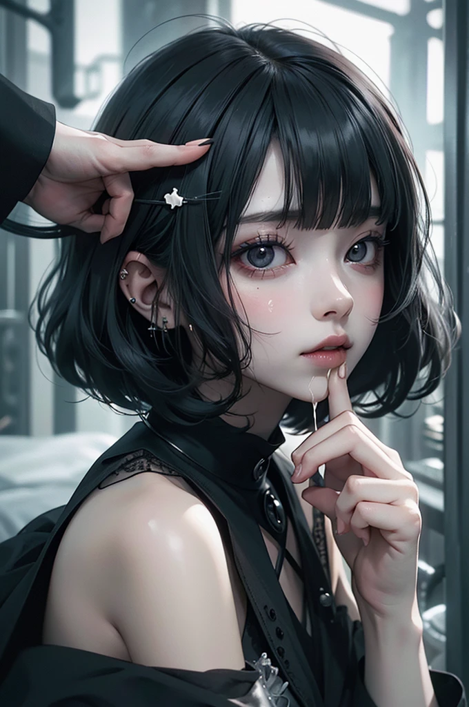 Highest quality, masterpiece, look up, cute,(horor),(((Beautiful girl))),(sexly),(sexly),((Small breasts)),Baby Face,(((blowjob,ejaculation))),Black Hair,Bobcut,Beautiful Style,((Pale skin)),Sensual look,Embarrassed,sexly表情,Heavy makeup,Expressions of delight,(dark atmosphere),(dark atmosphere,fear),((Dim lighting)),Alley