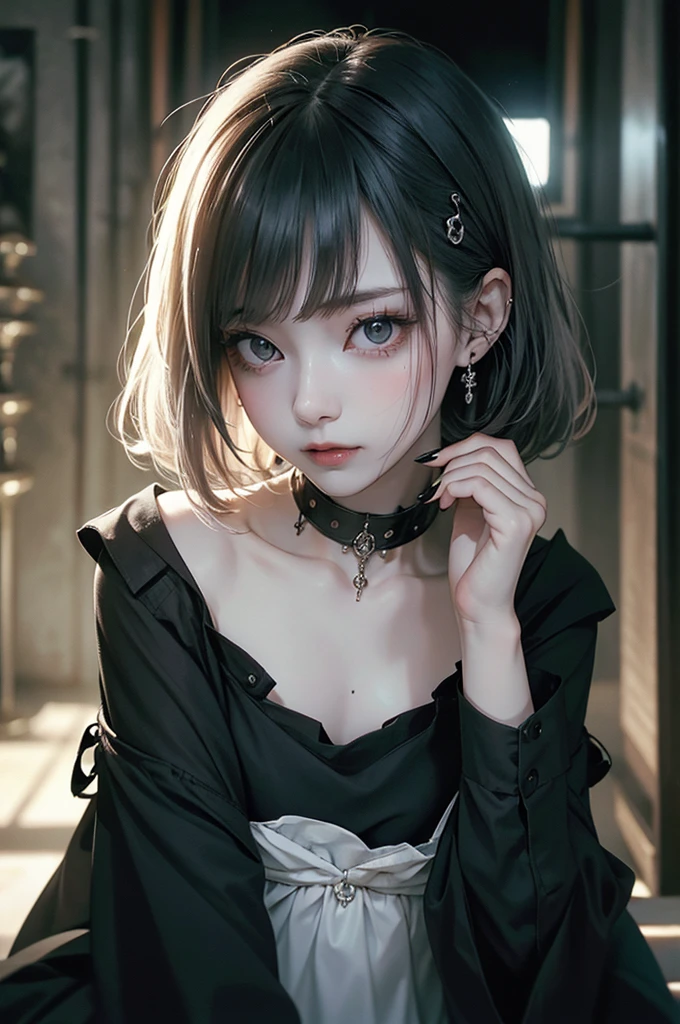 Highest quality, masterpiece, look up, cute,(horor),(((Beautiful girl))),(sexly),(sexly),((Small breasts)),Baby Face,(((blowjob,ejaculation))),Black Hair,Bobcut,Beautiful Style,((Pale skin)),Sensual look,Embarrassed,sexly表情,Heavy makeup,Expressions of delight,(dark atmosphere),(dark atmosphere,fear),((Dim lighting)),Alley
