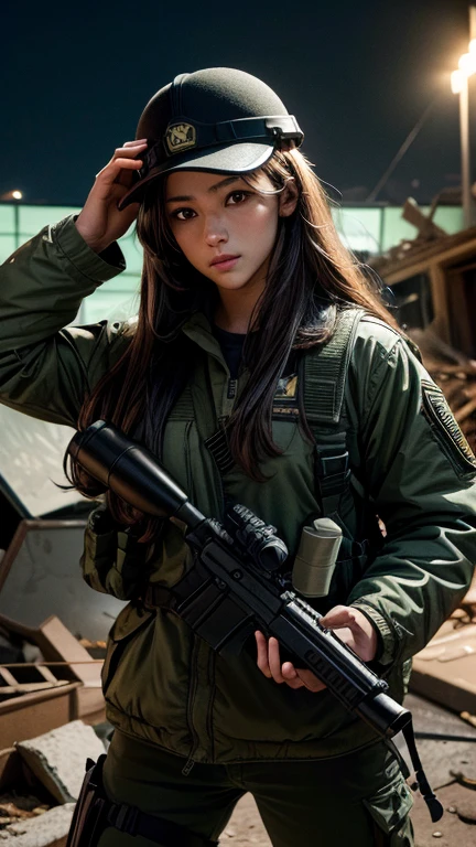 high quality, High-resolution images, Full HD、8k.A girl with long straight hair、He is wearing a US military uniform and a helmet pulled down over his head.。., He has a rifle.、Late Night City, Put on a night scope,Binoculars Night Vision Scope, Pitch black. Night scope light is green.,,(Shooting a gun from the rubble),((Lower the night scope to eye level,))